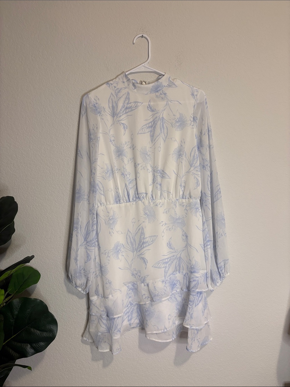 NWT Express M Elegant White Dress with Light Blue Floral Print - Long Sleeve